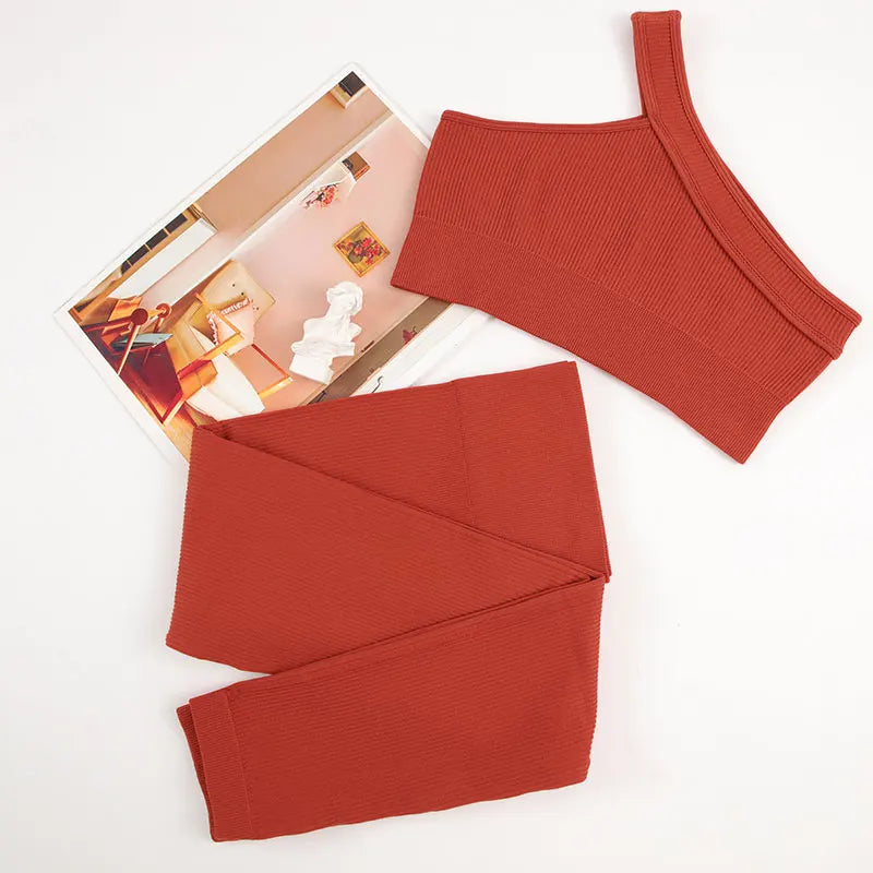 Womens 2pc Yoga Set Asymmetric Tank Top + Yoga Pants