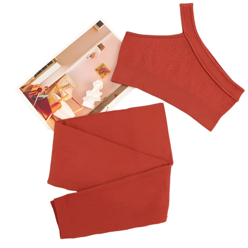 Womens 2pc Yoga Set Asymmetric Tank Top + Yoga Pants