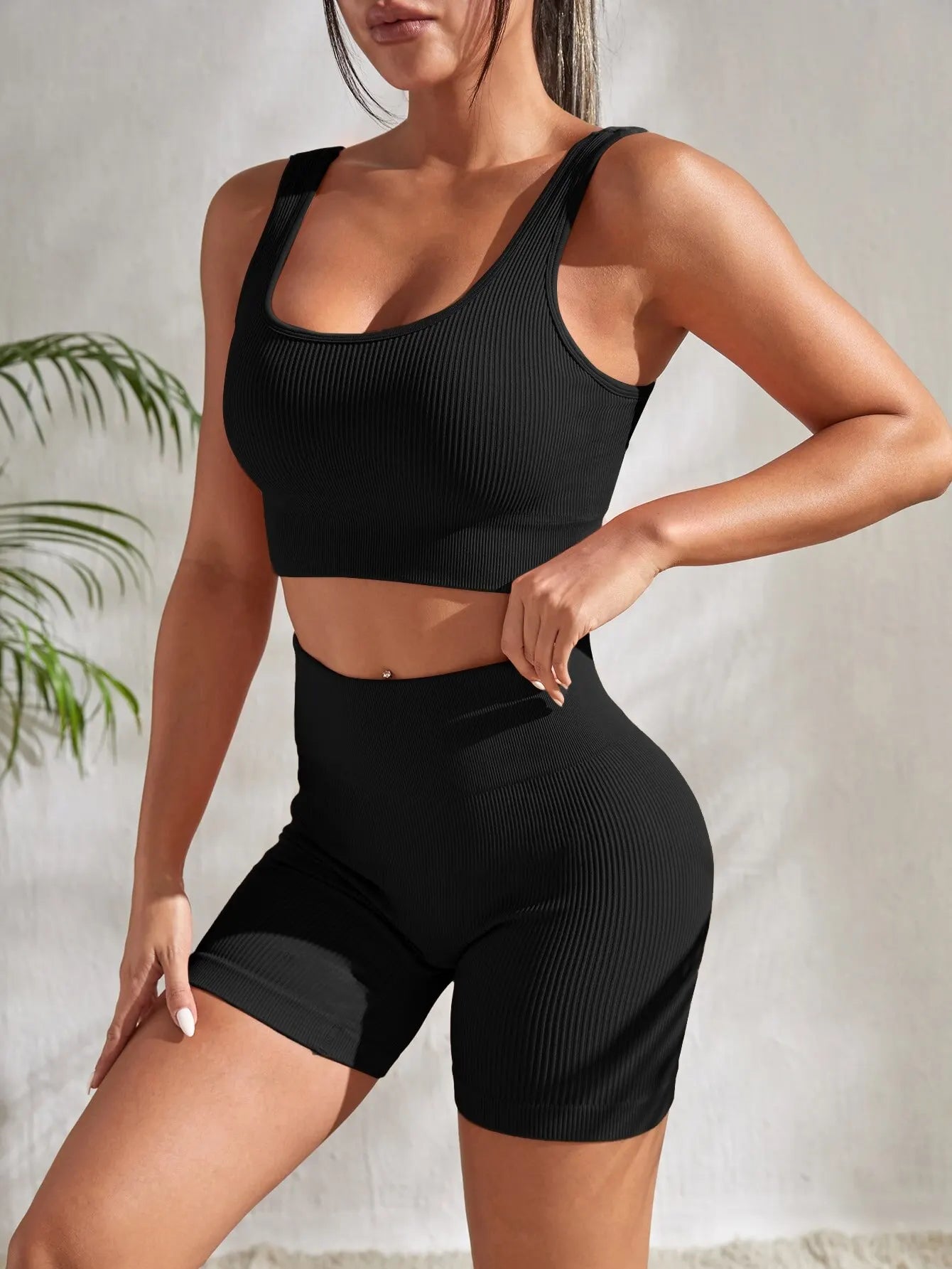 Womens 2 Pieces Gym Suits  Crop Tank Top + High Waist Shorts