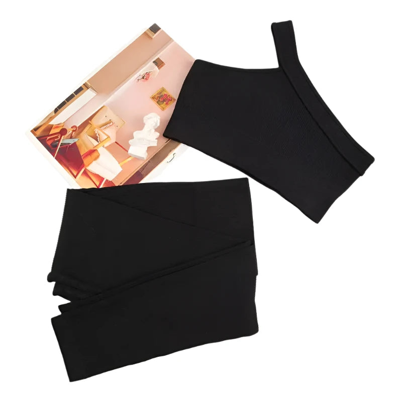 Womens 2pc Yoga Set Asymmetric Tank Top + Yoga Pants