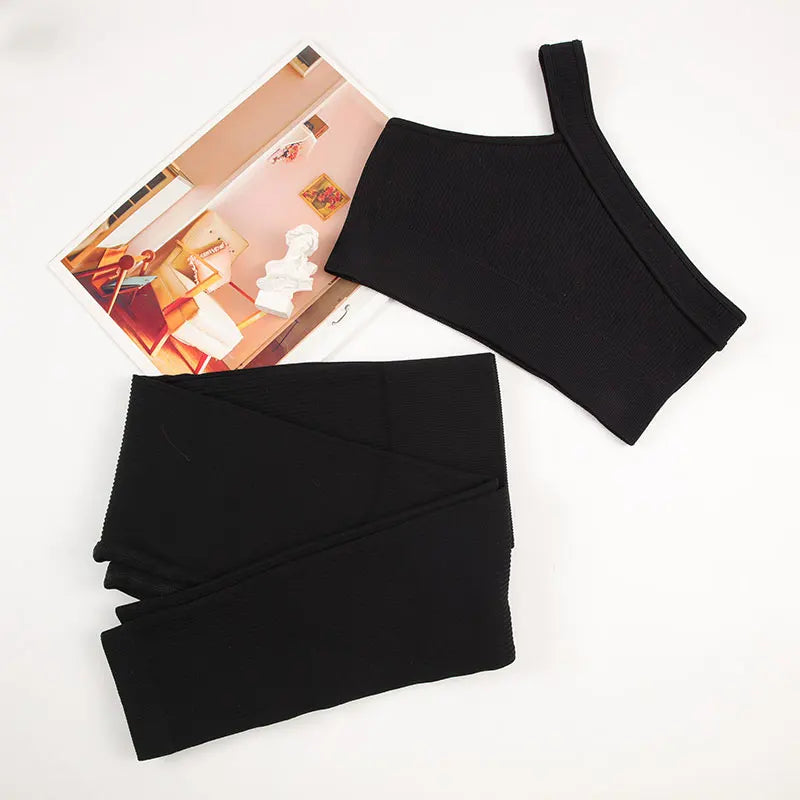 Womens 2pc Yoga Set Asymmetric Tank Top + Yoga Pants