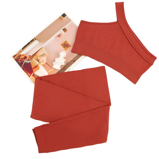 Womens 2pc Yoga Set Asymmetric Tank Top + Yoga Pants