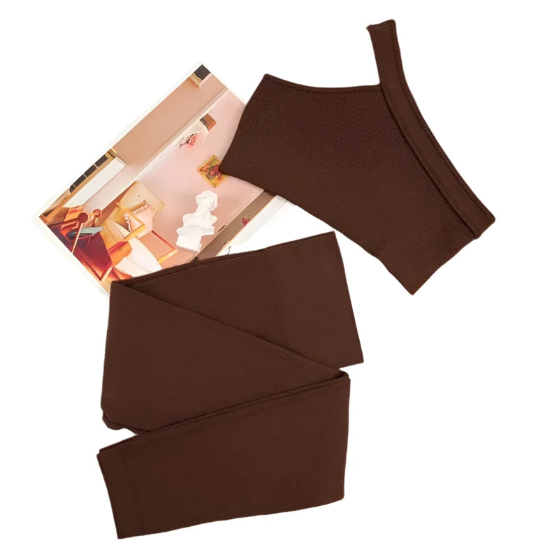 Womens 2pc Yoga Set Asymmetric Tank Top + Yoga Pants