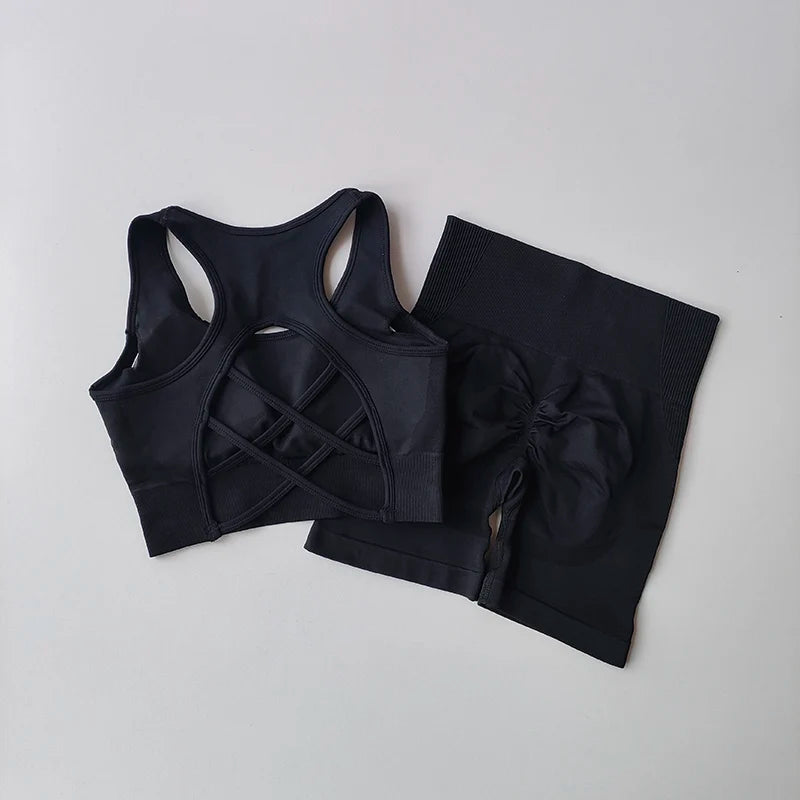 Womens Seamless Yoga Set Sport Bra + High Waist Shorts