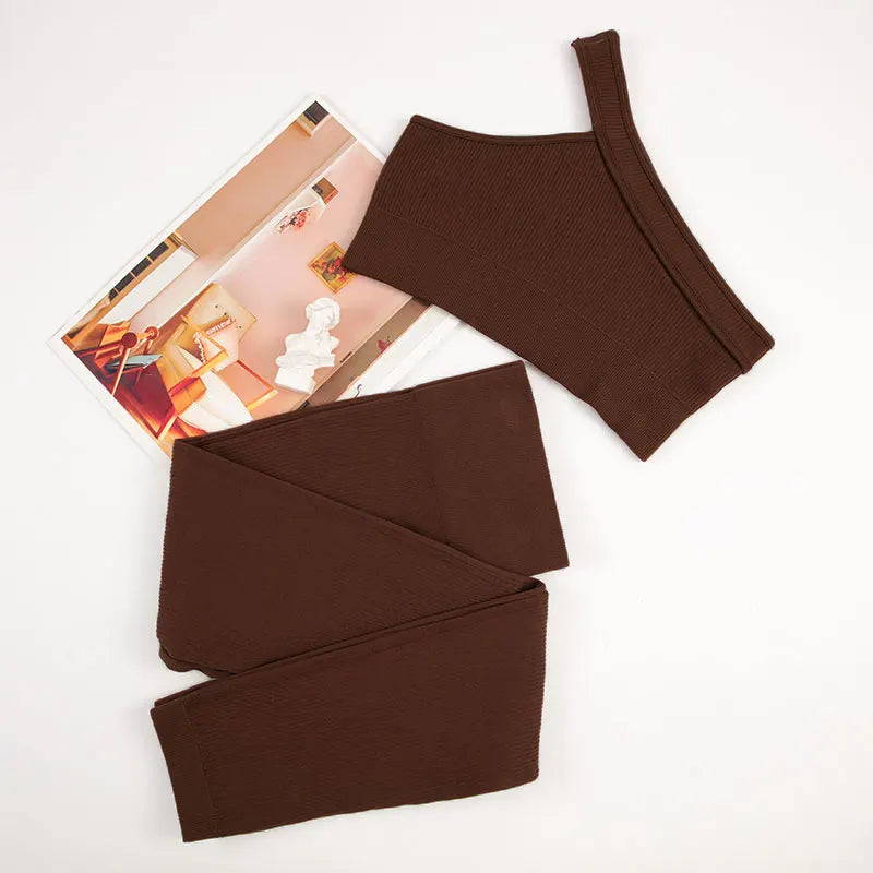 Womens 2pc Yoga Set Asymmetric Tank Top + Yoga Pants