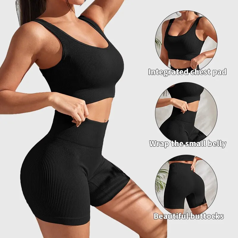 Womens 2 Pieces Gym Suits  Crop Tank Top + High Waist Shorts